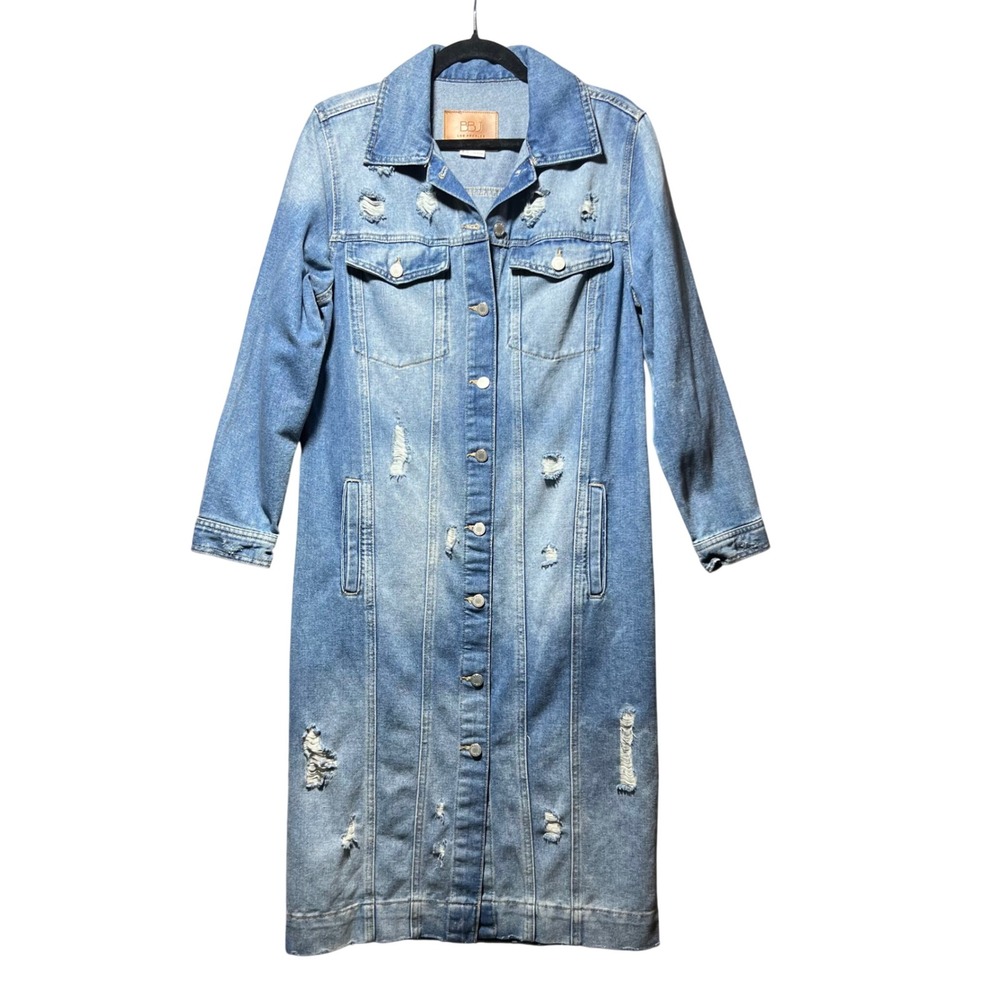 BBJ Los Angeles Womens Distressed Longline Denim Duster Jacket Light Wash Small